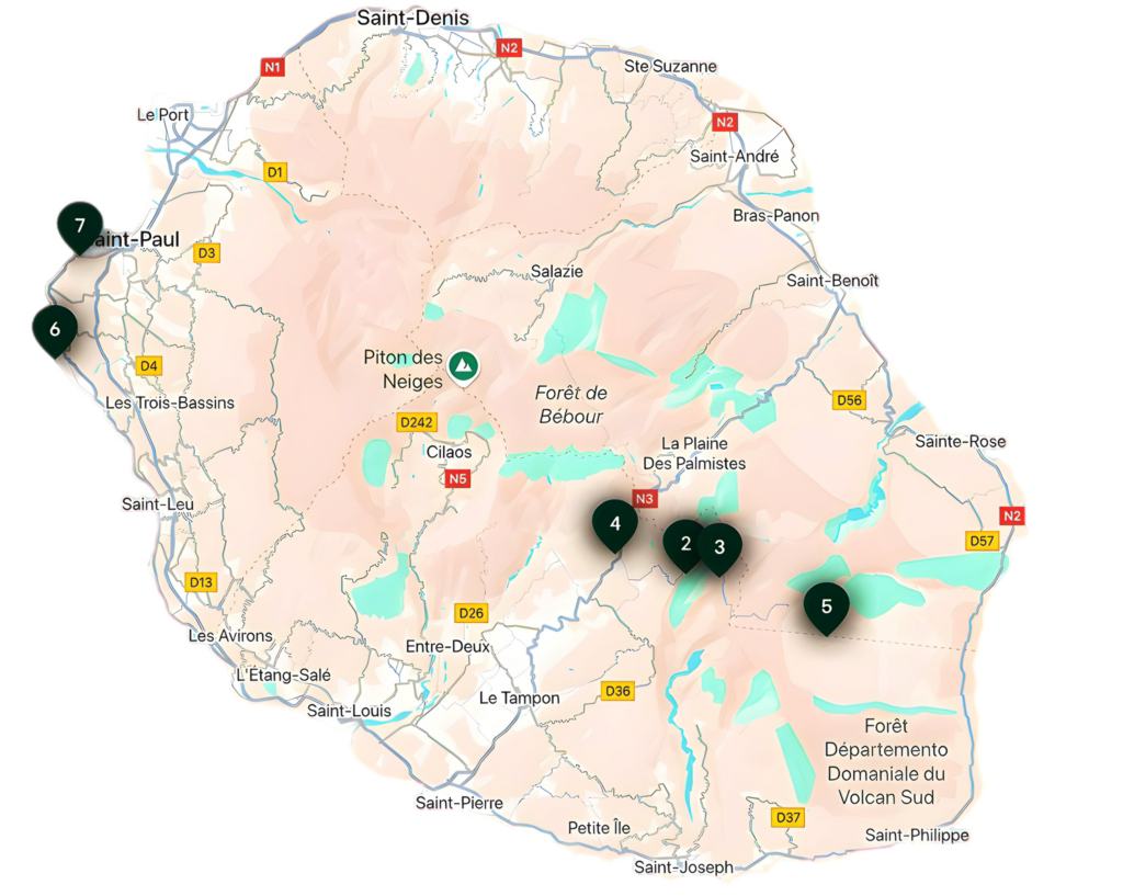 Carte de la Réunion avec les principaux points d'arrêts de l'excursion à Cilaos, proposé par VTC La Buse, incluant Bras Sec,Roche Merveilleuse, Ilet à Cordes, et la ville de Cilaos.